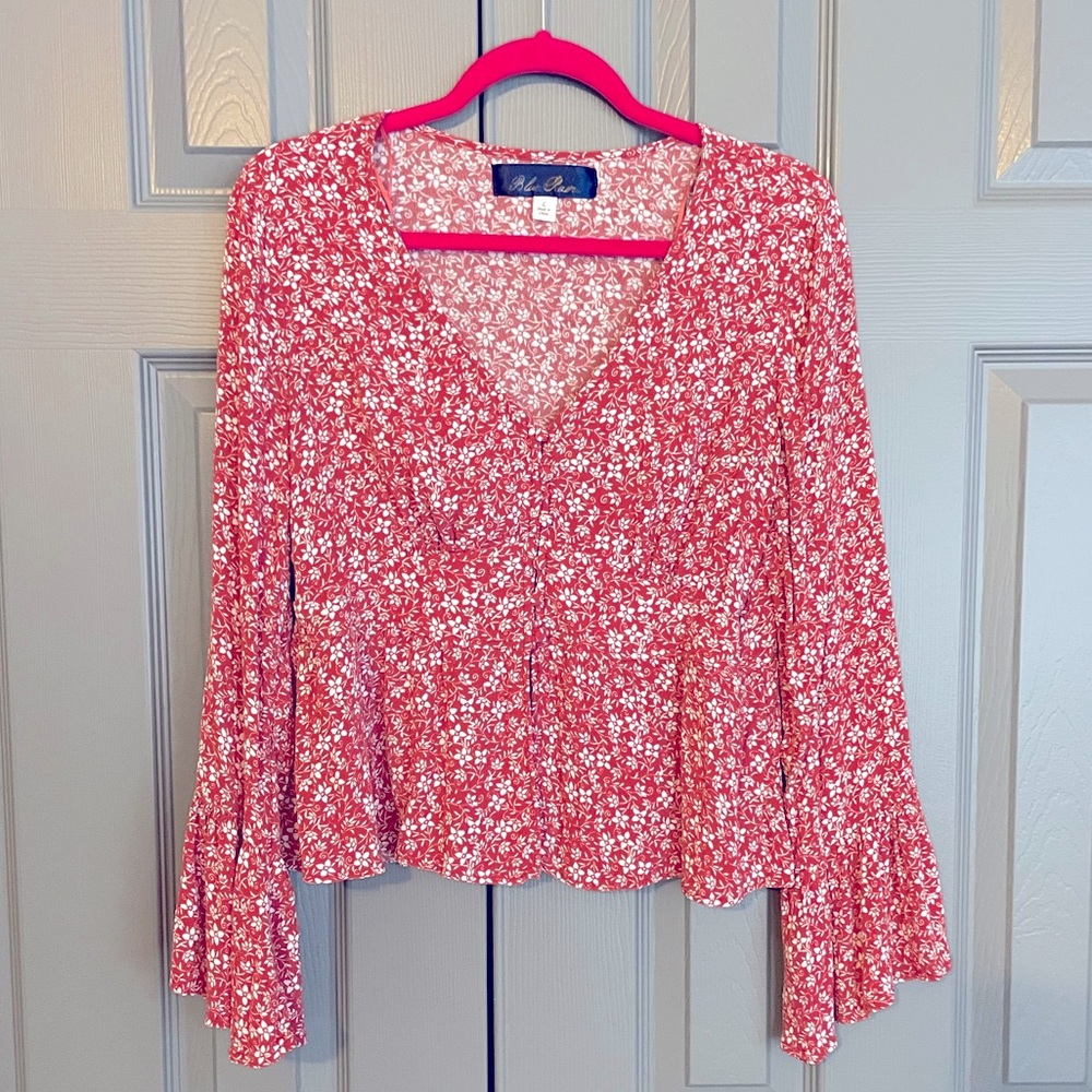 Floral Blue Rain button down flowy blouse with sassy sleeves